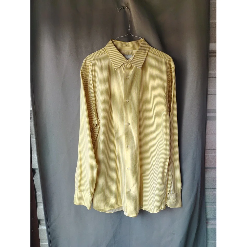 Banana Republic Mens Slim Fit Non Iron Yellow White Striped Button Down Shirt L